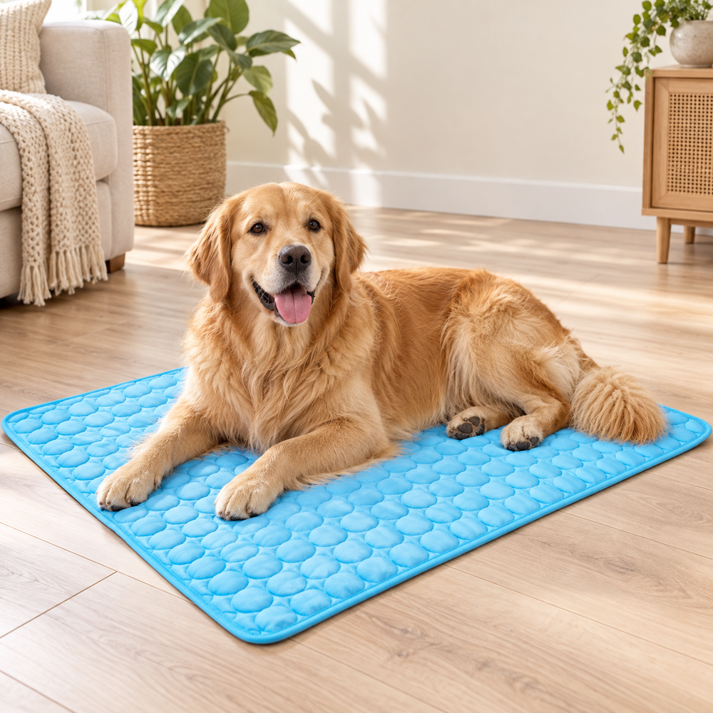 Golden retriever lying on the sky blue Trotzu CoolPaws cooling mat
