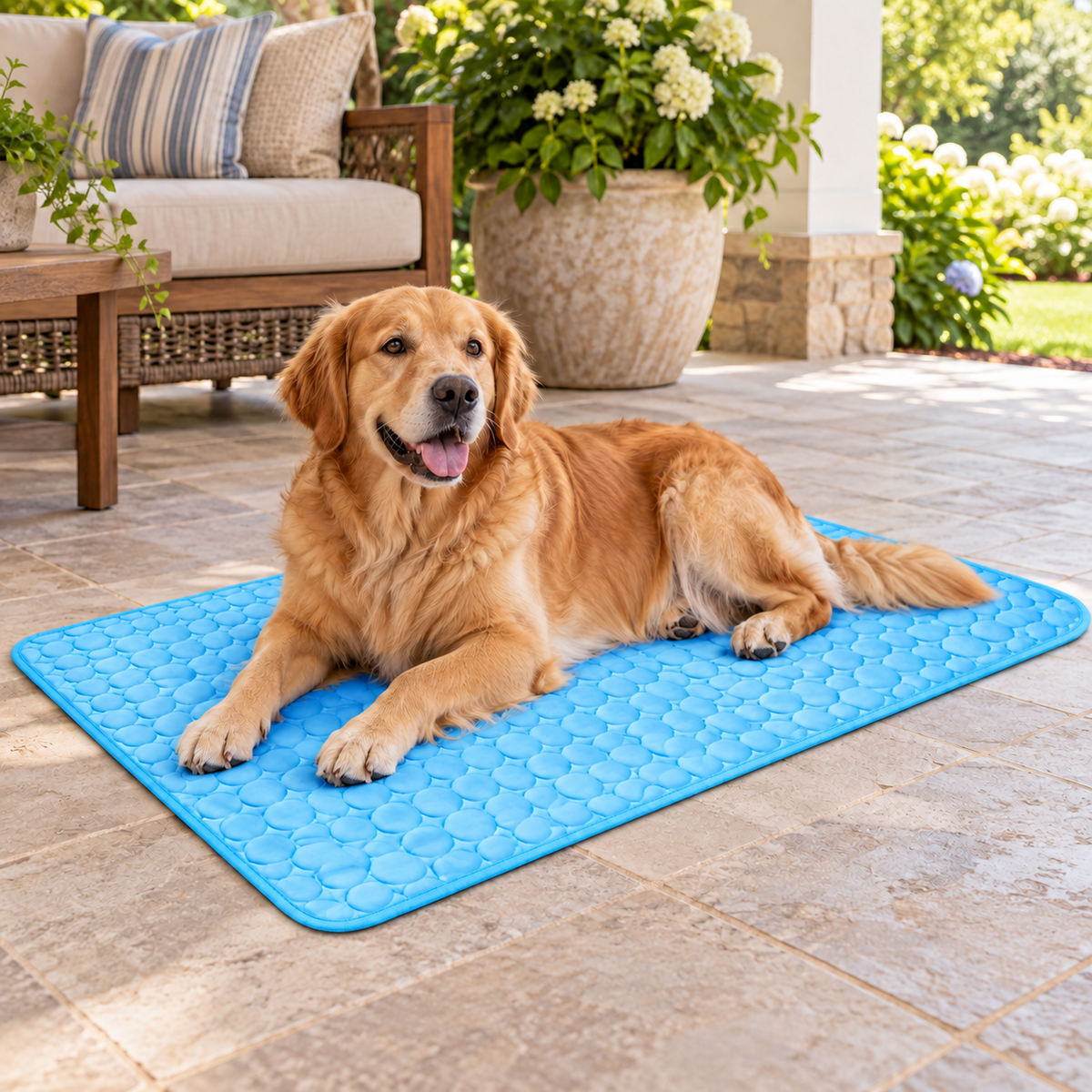 Dog relaxing on the blue cooling mat at home