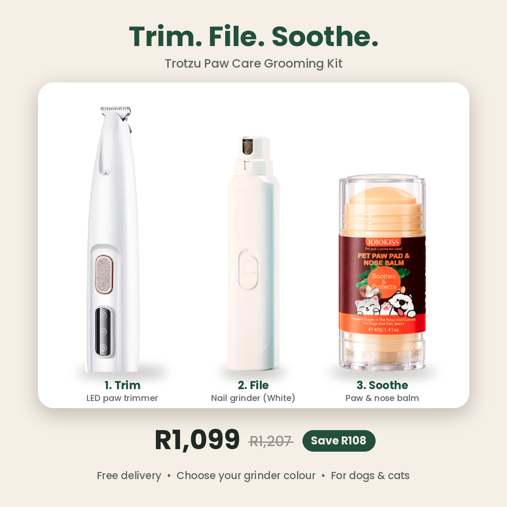 Trotzu Paw Care Grooming Kit with LED paw trimmer, white nail grinder and paw & nose balm