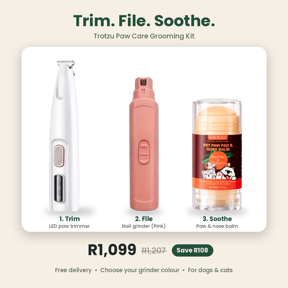 Trotzu Paw Care Grooming Kit with LED paw trimmer, pink nail grinder and paw & nose balm