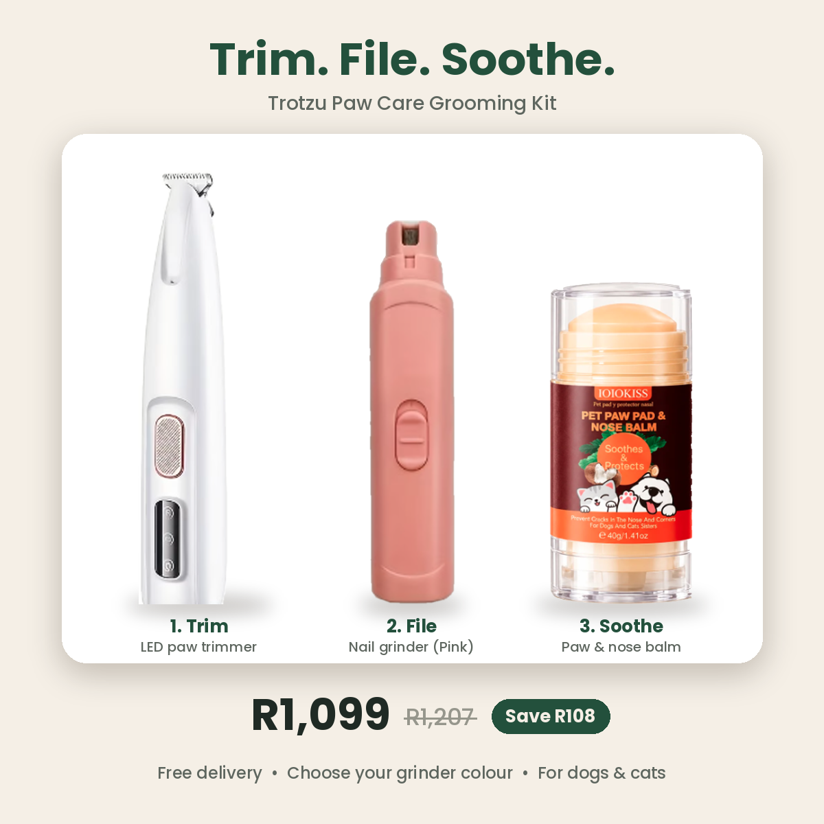 Trotzu Paw Care Grooming Kit with LED paw trimmer, pink nail grinder and paw & nose balm
