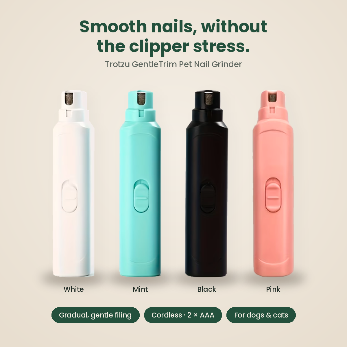 Trotzu GentleTrim pet nail grinder in white, mint, black and pink