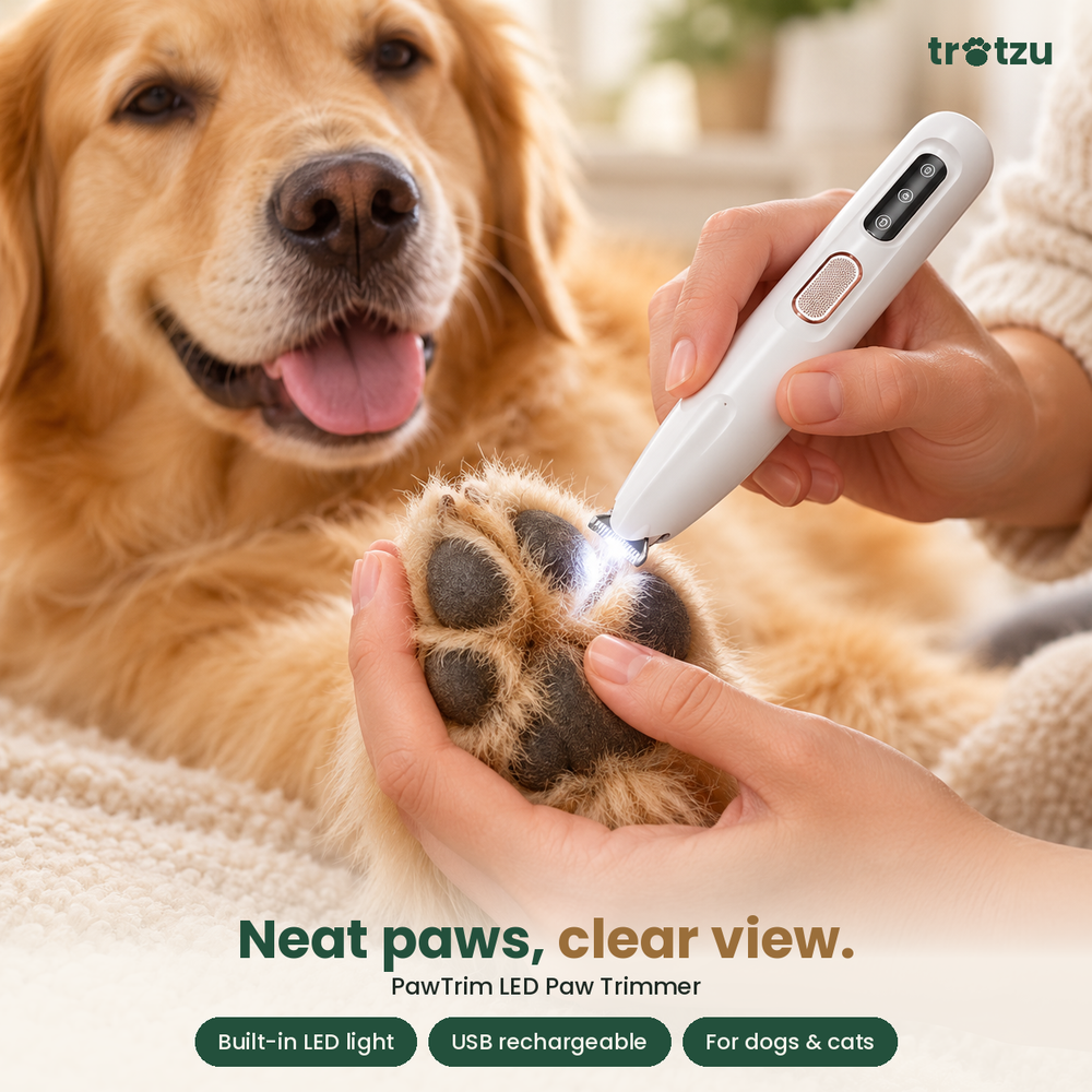 Golden retriever having the hair between its paw pads trimmed with the Trotzu PawTrim LED trimmer