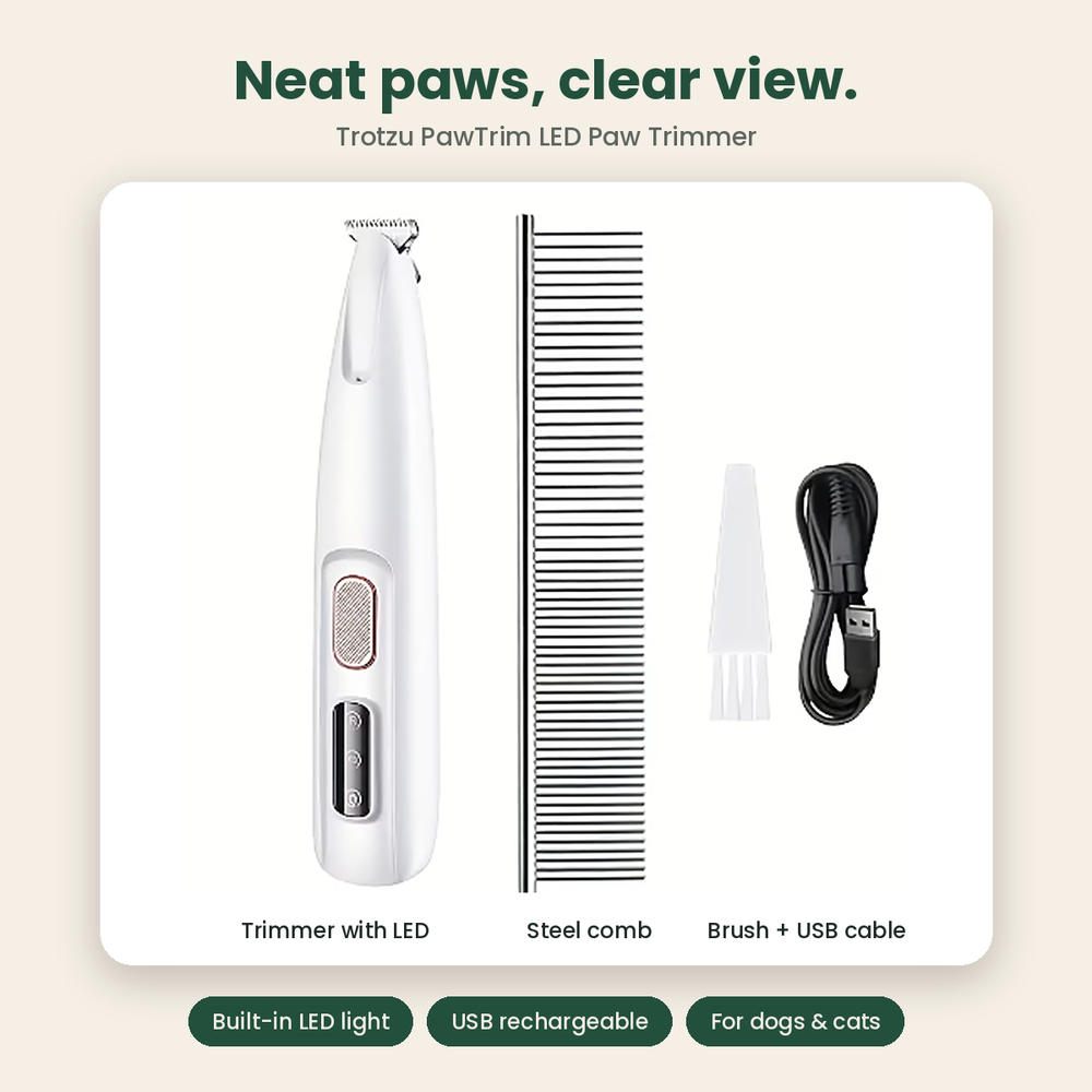 Trotzu PawTrim LED paw trimmer with steel comb, cleaning brush and USB cable