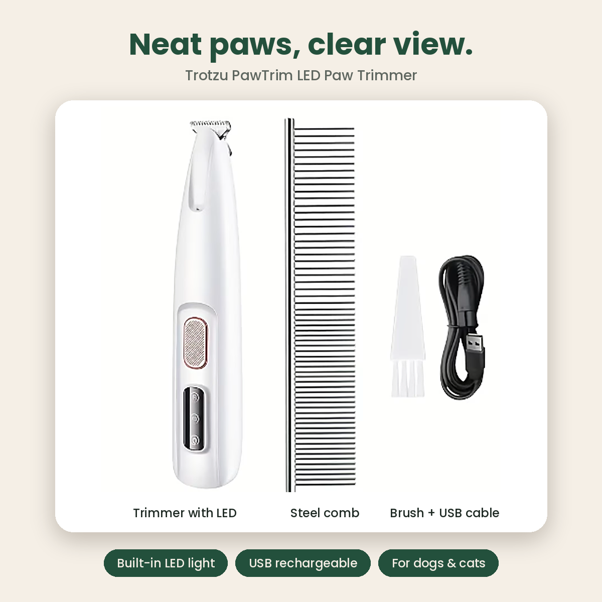 Trotzu PawTrim LED paw trimmer with steel comb, cleaning brush and USB cable