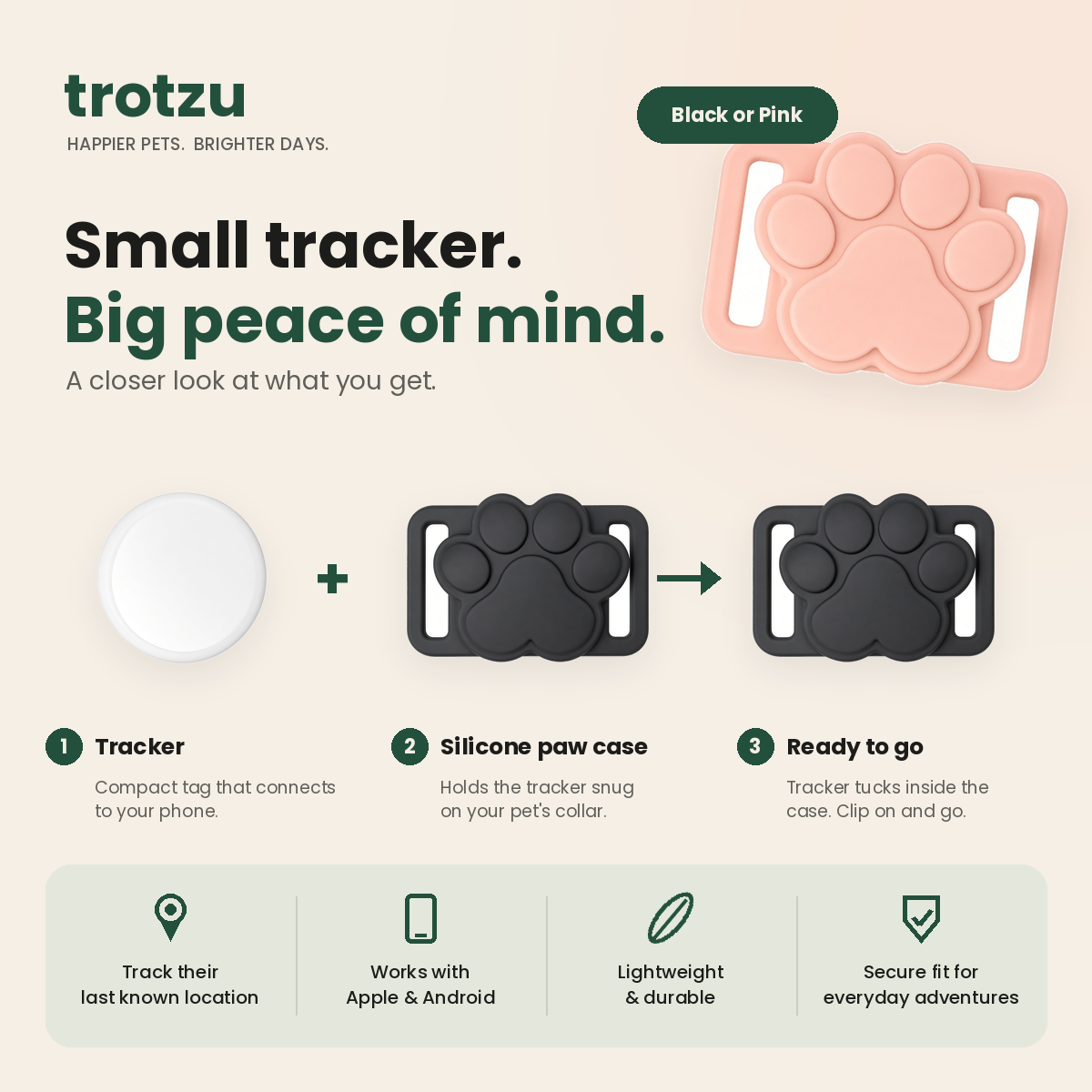 What's included with Trotzu Track: tracker and silicone paw case